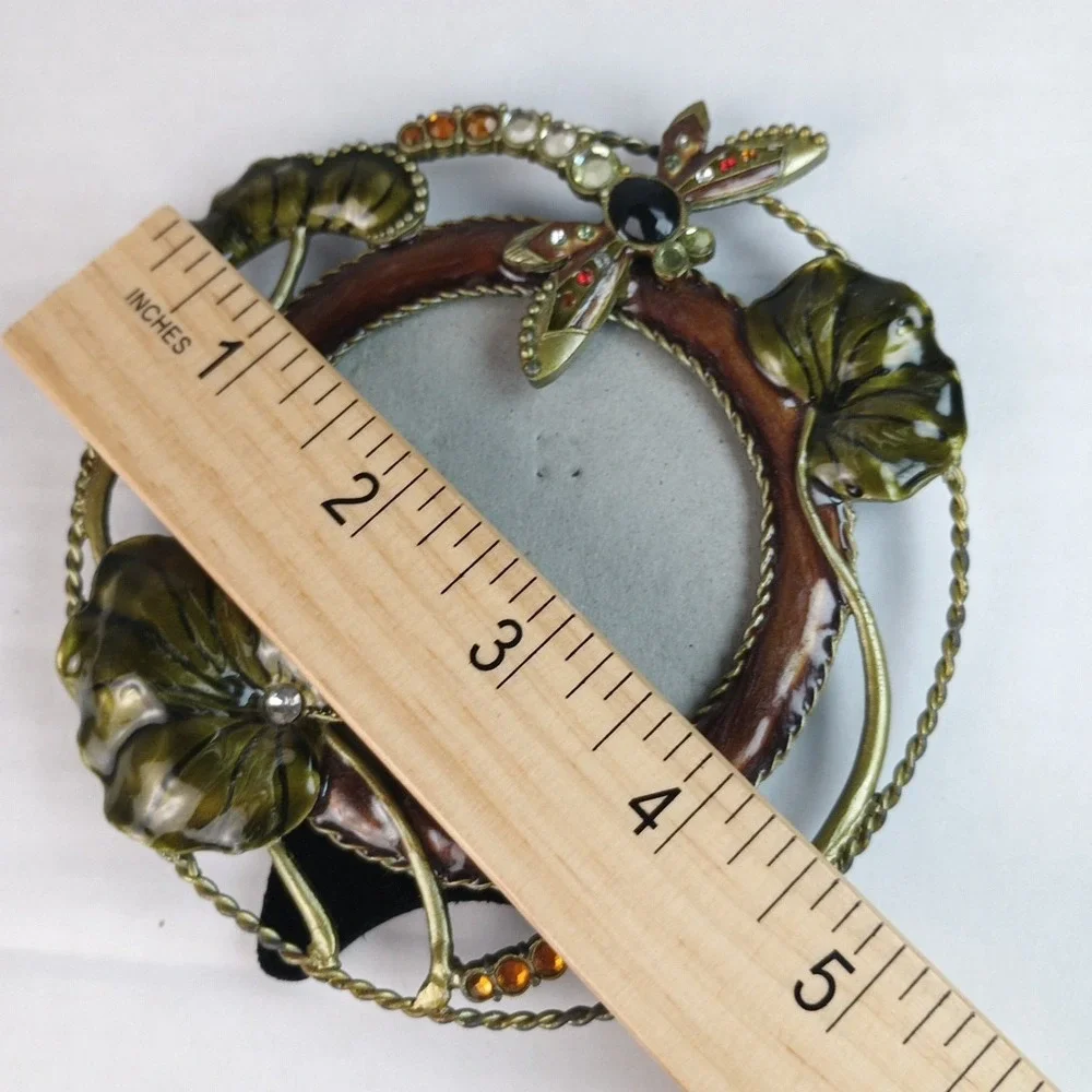 VTG Enameled Metal Jeweled Flowers Dragonflies Round Picture Photo Frame Boho